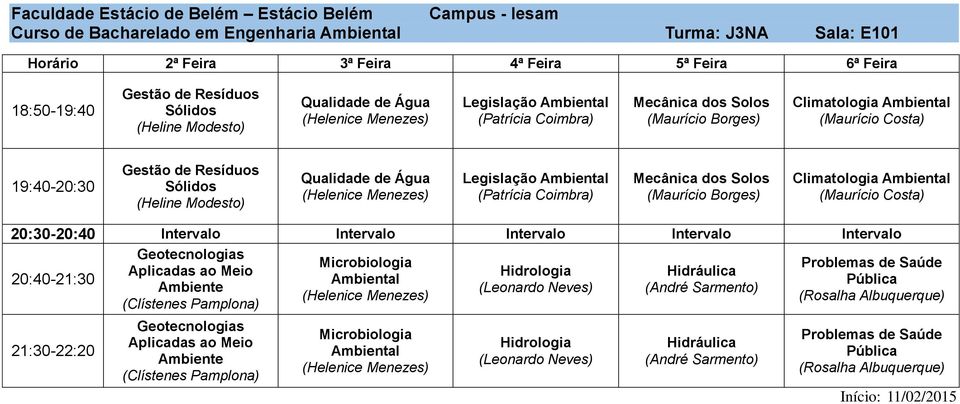 Intervalo Intervalo Intervalo Intervalo Geotecnologias Microbiologia Problemas de Saúde Aplicadas ao Meio Hidrologia Hidráulica 20:4021:30 Pública Ambiente