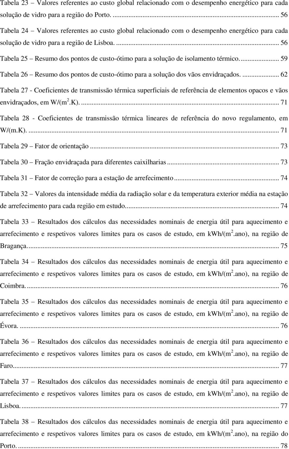 ... 56 Tabela 25 Resumo dos pontos de custo-ótimo para a solução de isolamento térmico.... 59 Tabela 26 Resumo dos pontos de custo-ótimo para a solução dos vãos envidraçados.