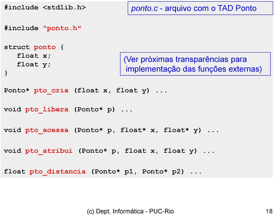 externas) Ponto* pto_cria (float x, float y)... void pto_libera (Ponto* p).