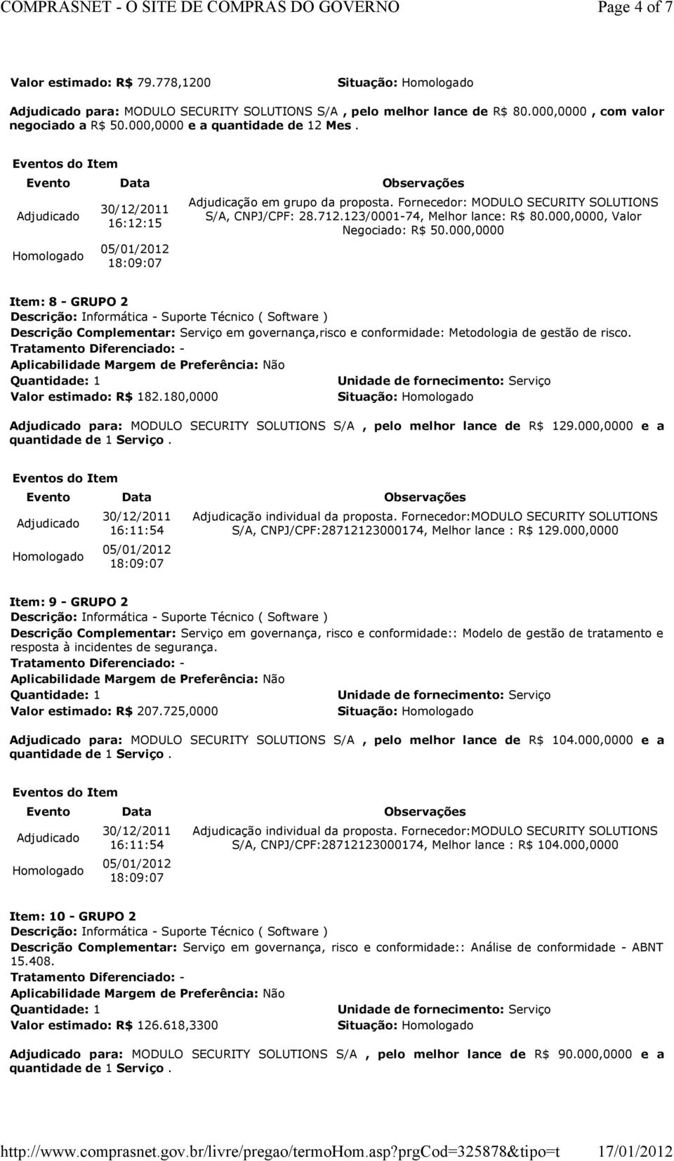 000,0000 Item: 8 - GRUPO 2 Descrição Complementar: Serviço em governança,risco e conformidade: Metodologia de gestão de risco. Valor estimado: R$ 182.