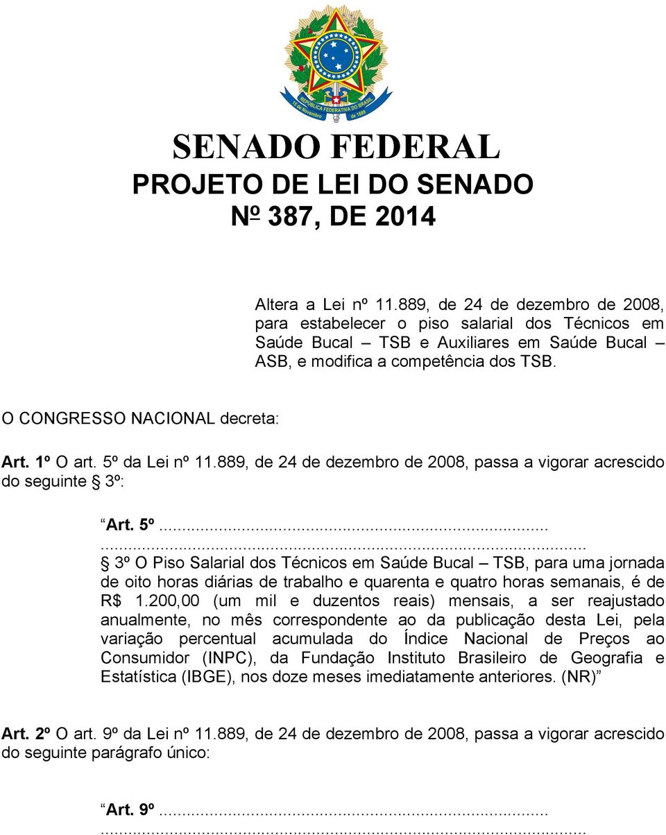 1º O art. 5º da Lei nº 11.889, de 24 de dezembro de 2008, passa a vigorar acrescido do seguinte 3º: Art. 5º...... 3º O Piso Salarial dos Técnicos em Saúde Bucal TSB, para uma jornada de oito horas diárias de trabalho e quarenta e quatro horas semanais, é de R$ 1.