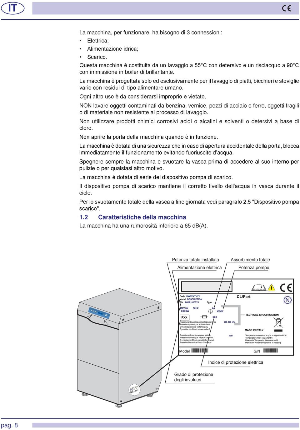 La macchina è progettata solo ed esclusivamente per il lavaggio di piatti, bicchieri e stoviglie varie con residui di tipo alimentare umano. Ogni altro uso è da considerarsi improprio e vietato.