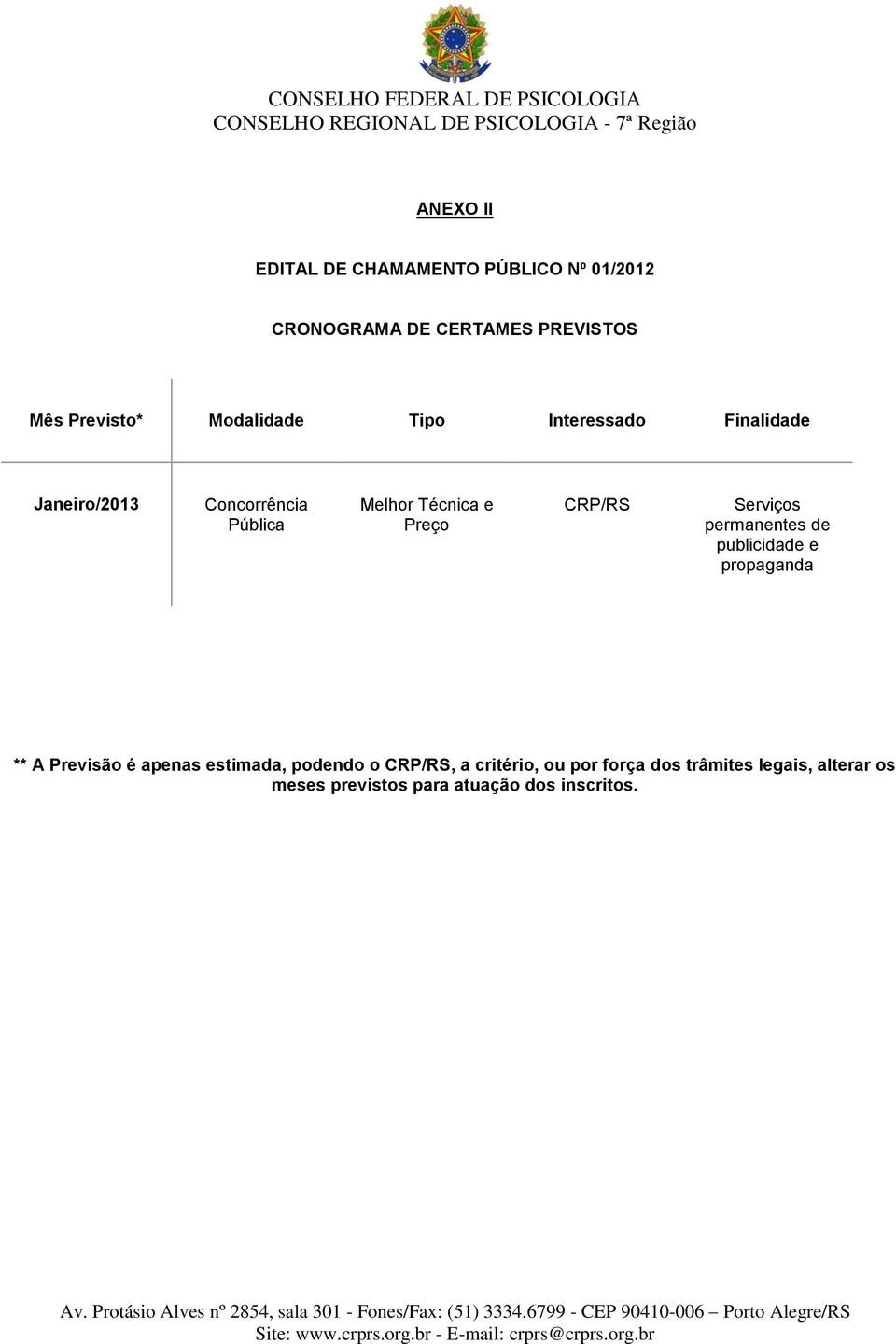 CRP/RS Serviços permanentes de publicidade e propaganda ** A Previsão é apenas estimada, podendo o