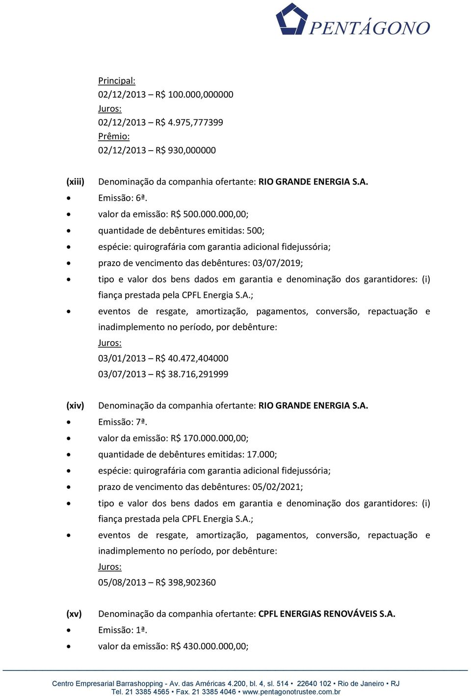 000,00; quantidade de debêntures emitidas: 500; espécie: quirografária com garantia adicional fidejussória; prazo de vencimento das debêntures: 03/07/2019; 03/01/2013 R$ 40.