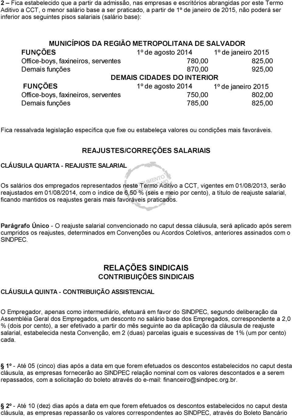 Demais funções 870,00 925,00 DEMAIS CIDADES DO INTERIOR FUNÇÕES 1º de agosto 2014 1º de janeiro 2015 Office-boys, faxineiros, serventes 750,00 802,00 Demais funções 785,00 825,00 Fica ressalvada