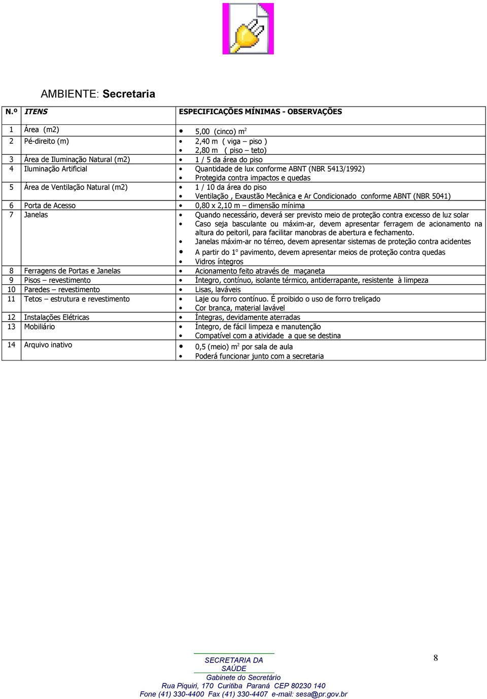 Quantidade de lux conforme ABNT (NBR 5413/1992) Protegida contra impactos e quedas 5 Área de Ventilação Natural (m2) 1 / 10 da área do piso Ventilação, Exaustão Mecânica e Ar Condicionado conforme