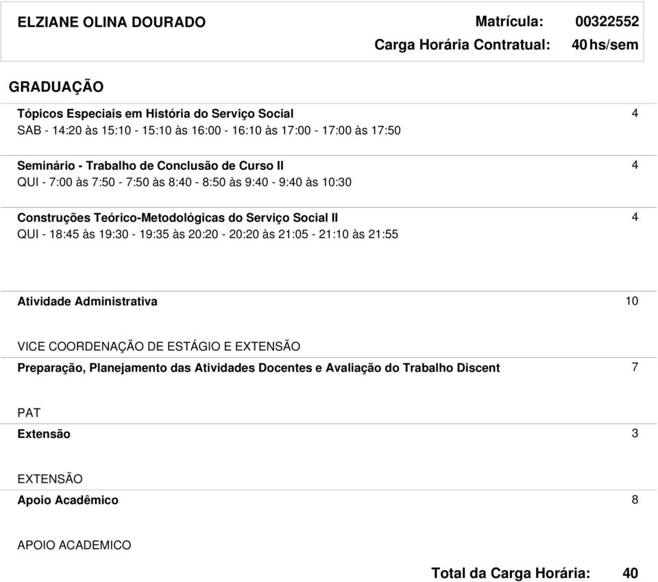 Teórico-Metodológicas do Serviço Social II 4 QUI - 18:45 às 19:30-19:35 às 20:20-20:20 às 21:05-21:10 às 21:55 Atividade Administrativa 10 VICE