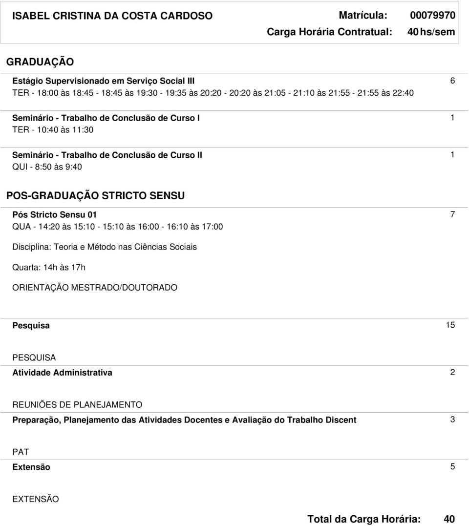 STRICTO SENSU Pós Stricto Sensu 01 7 QUA - 14:20 às 15:10-15:10 às 16:00-16:10 às 17:00 Disciplina: Teoria e Método nas Ciências Sociais Quarta: 14h às 17h ORIENTAÇÃO