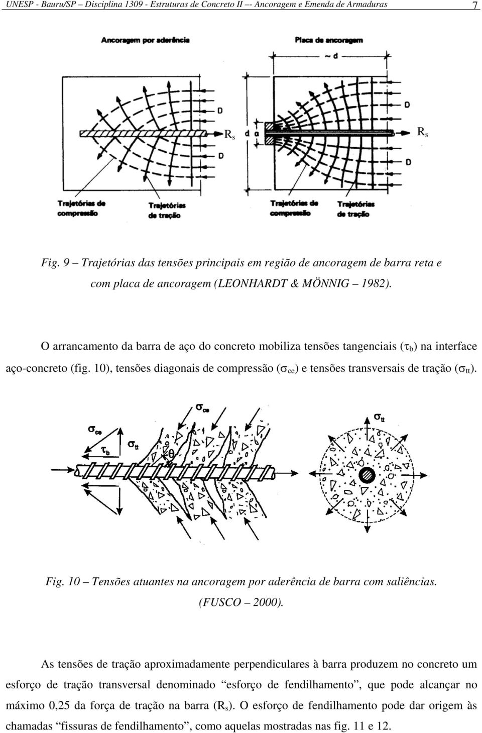 O arrancamento da barra de aço do concreto mobiliza tensões tangenciais (τ b ) na interface aço-concreto (fig. 10), tensões diagonais de compressão (σ ce ) e tensões transversais de tração (σ tt ).