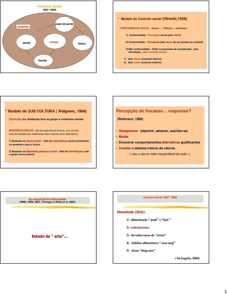 afecto (controlo interno) 2) Sem medo (controlo externo) * Modelo da SUB CULTURA ( Walgrave, 1994) Oposição (ou distância) face ao grupo e contextos sociais Percepção de fracasso respostas?