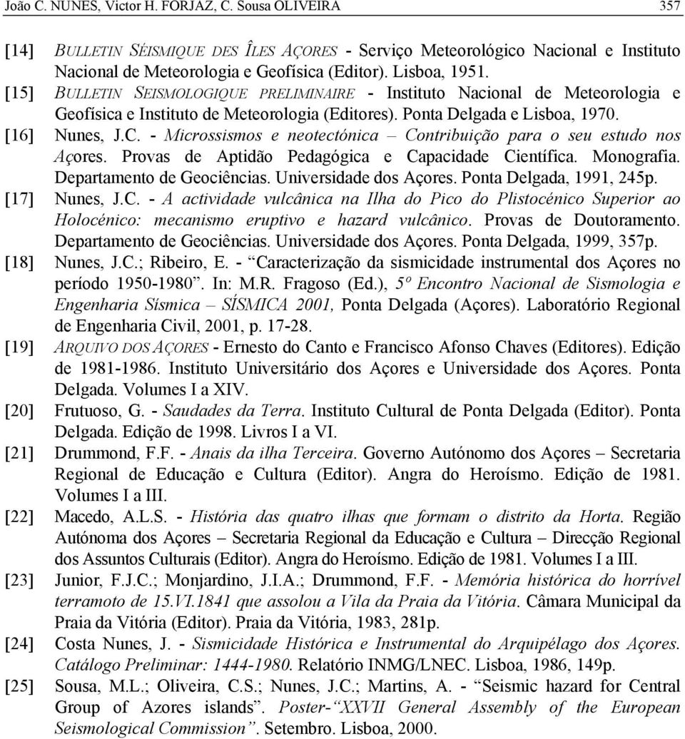 - Microssismos e neotectónica Contribuição para o seu estudo nos Açores. Provas de Aptidão Pedagógica e Capacidade Científica. Monografia. Departamento de Geociências. Universidade dos Açores.