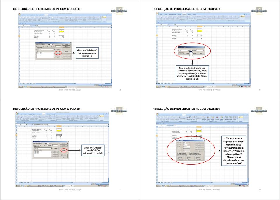Rafael Roco de Araújo 26 Clicar em Opções para definições adicionais do modelo Abre-se a caixa Opções do Solver e seleciona-se