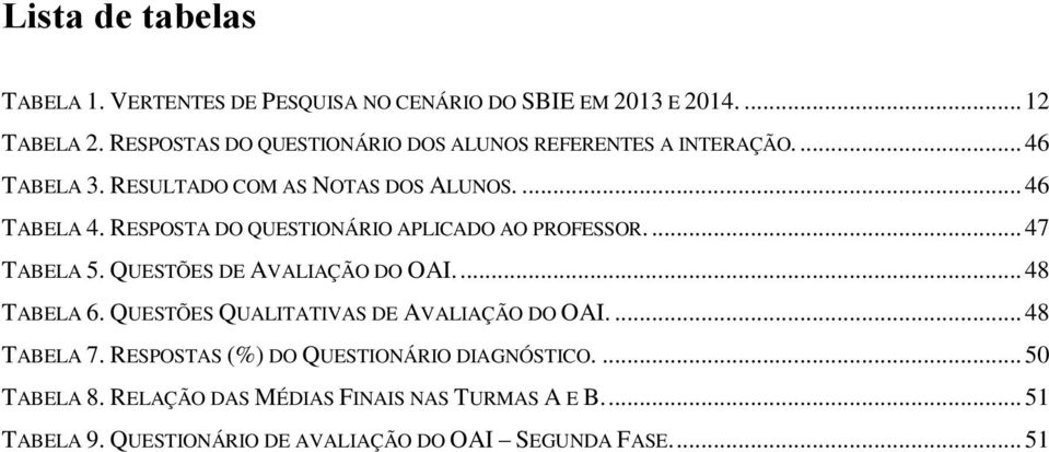 RESPOSTA DO QUESTIONÁRIO APLICADO AO PROFESSOR.... 47 TABELA 5. QUESTÕES DE AVALIAÇÃO DO OAI.... 48 TABELA 6.