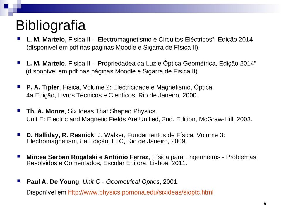 Edition, McGraw-Hill, 2003. D. Halliday, R. Resnick, J. Walker, Fundamentos de Física, Volume 3: Electromagnetism, 8a Edição, LTC, Rio de Janeiro, 2009.