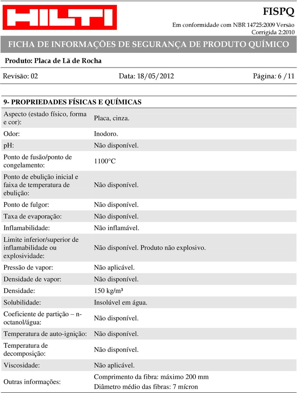 de vapor: Densidade de vapor: Densidade: Solubilidade: Coeficiente de partição n- octanol/água: Placa, cinza. Inodoro. 1100 C Não inflamável. Produto não explosivo.