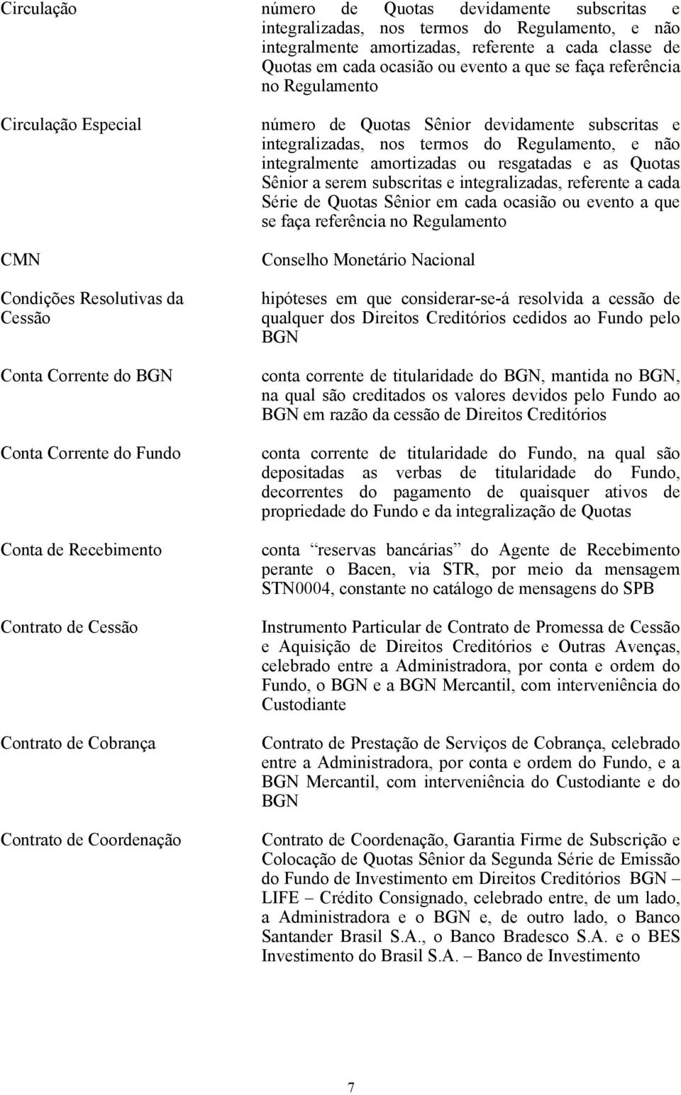 Contrato de Coordenação número de Quotas Sênior devidamente subscritas e integralizadas, nos termos do Regulamento, e não integralmente amortizadas ou resgatadas e as Quotas Sênior a serem subscritas