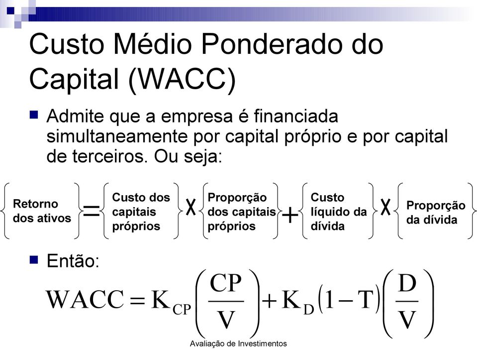 Ou seja: Retorno dos ativos Custo dos capitais próprios Proporção dos