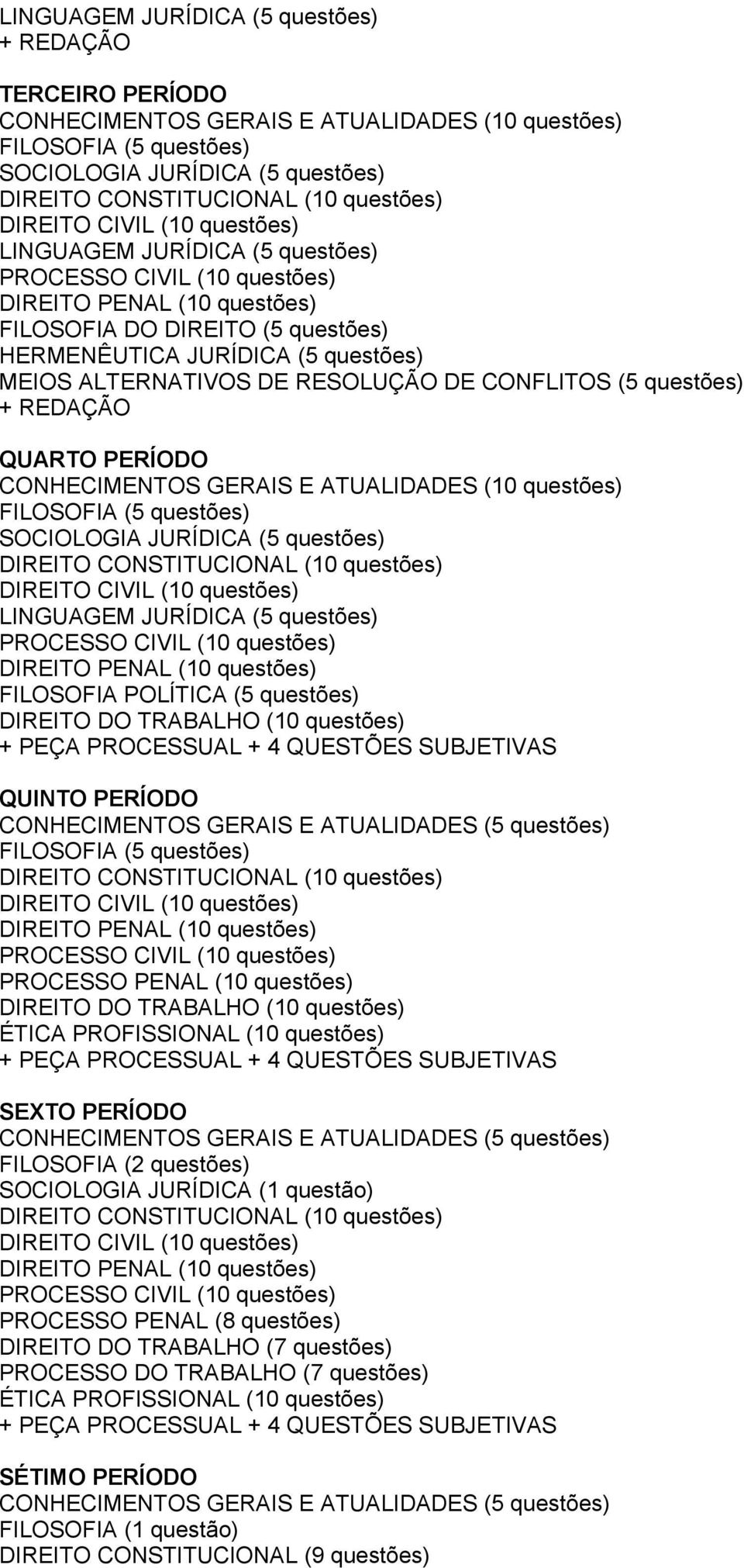 questões) LINGUAGEM JURÍDICA (5 questões) FILOSOFIA POLÍTICA (5 questões) DIREITO DO TRABALHO (10 questões) QUINTO PERÍODO PROCESSO PENAL (10 questões) DIREITO DO TRABALHO (10 questões) SEXTO PERÍODO