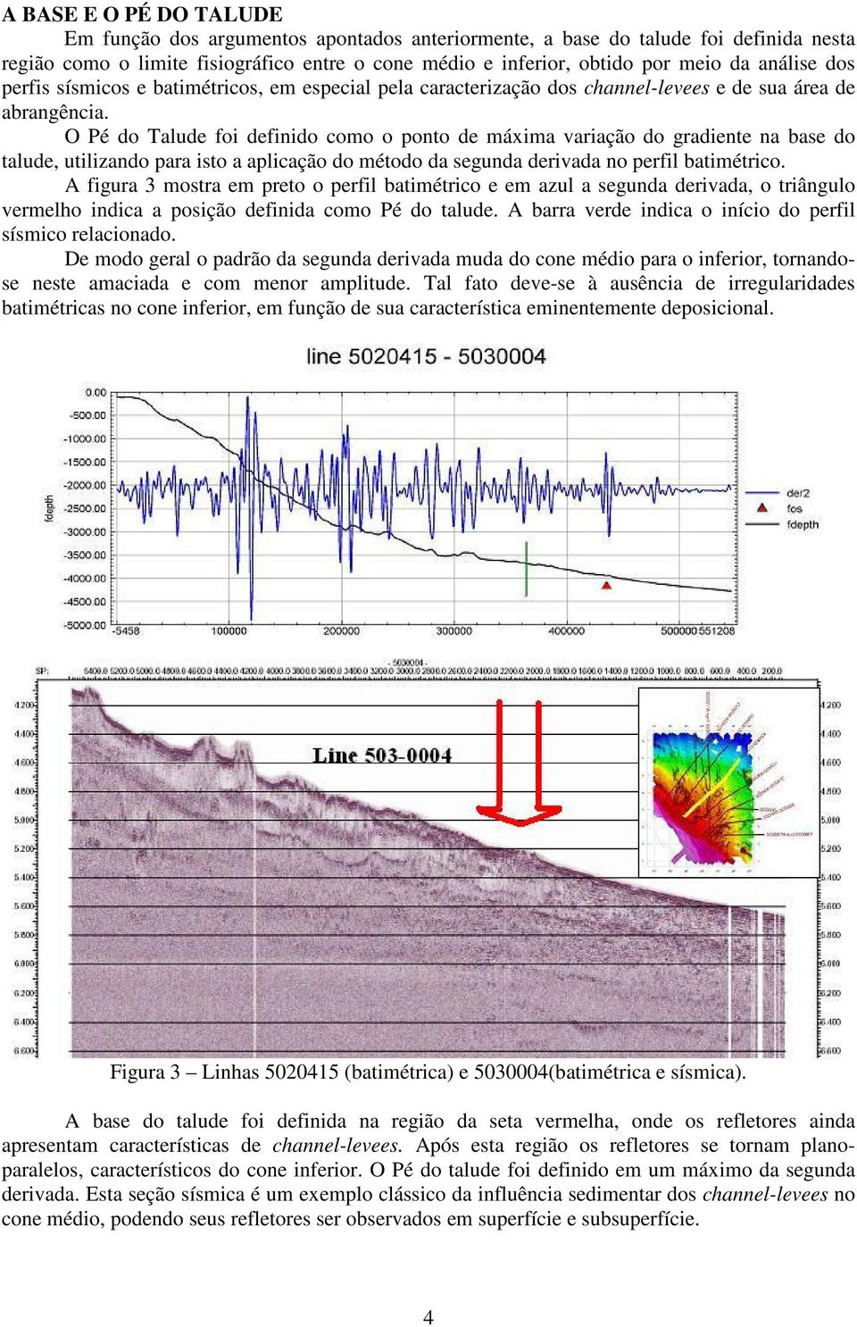 O Pé do Talude foi definido como o ponto de máxima variação do gradiente na base do talude, utilizando para isto a aplicação do método da segunda derivada no perfil batimétrico.