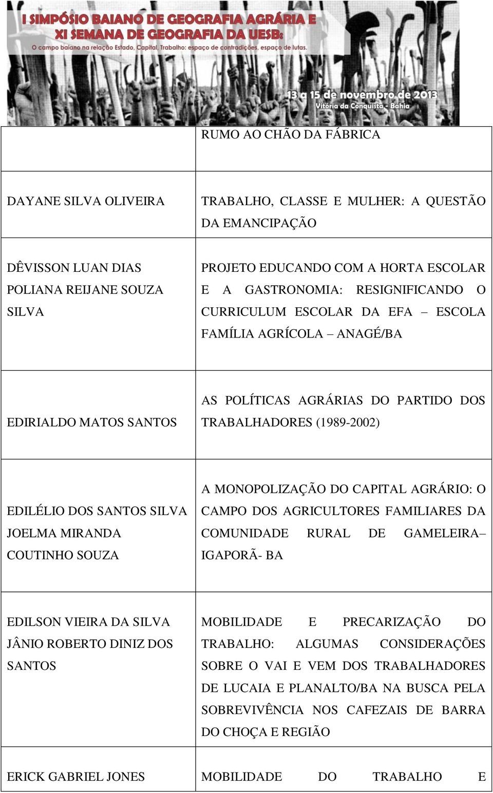 SOUZA A MONOPOLIZAÇÃO DO CAPITAL AGRÁRIO: O CAMPO DOS AGRICULTORES FAMILIARES DA COMUNIDADE RURAL DE GAMELEIRA IGAPORÃ- BA EDILSON VIEIRA DA SILVA JÂNIO ROBERTO DINIZ DOS MOBILIDADE E PRECARIZAÇÃO DO