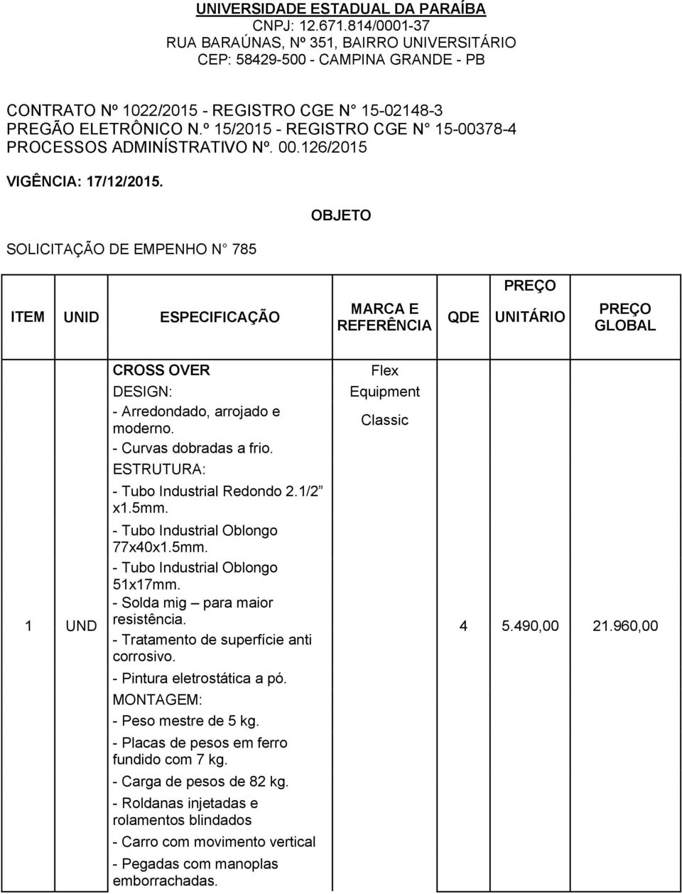 15-02148-3 PREGÃO ELETRÔNICO N.º 15/2015 - REGISTRO CGE N 15-00378-4 PROCESSOS ADMINÍSTRATIVO Nº. 00.126/2015 VIGÊNCIA: 17/12/2015.