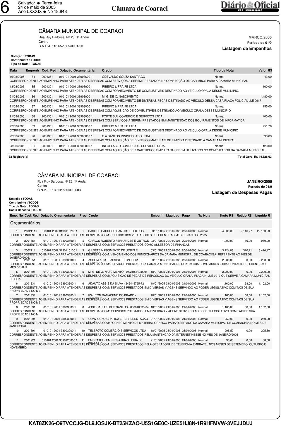 CAMARA MUNICIPAL 18/03/2005 85 2001301 010101 2001 33903000 1 RIBEIRO & FRAIFE LTDA Normal 100,00 CORRESPONDENTE AO EMPENHO PARA ATENDER AS DESPESAS COM FORNECIMENTO DE COMBUSTIVEIS DESTINADO AO