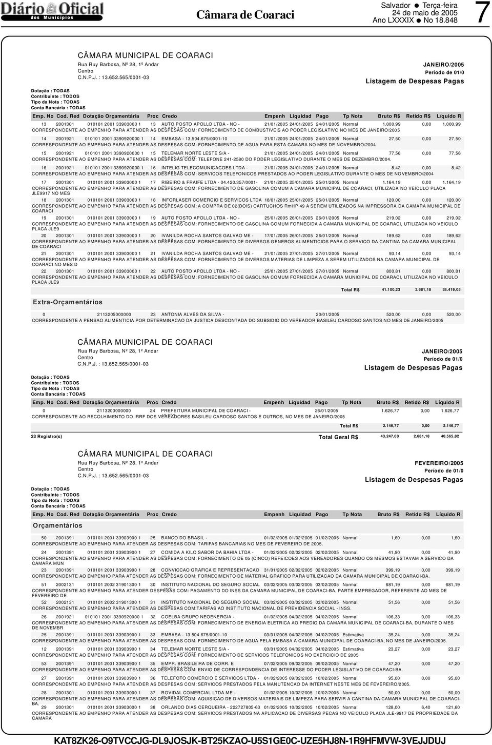 675/0001-10 21/01/2005 24/01/2005 24/01/2005 Normal 27,50 CORRESPONDENTE AO EMPENHO PARA ATENDER AS DESPESAS COM: FORNECIMENTO DE AGUA PARA ESTA CAMARA NO MES DE NOVEMBRO/2004 15 2001921 010101 2001