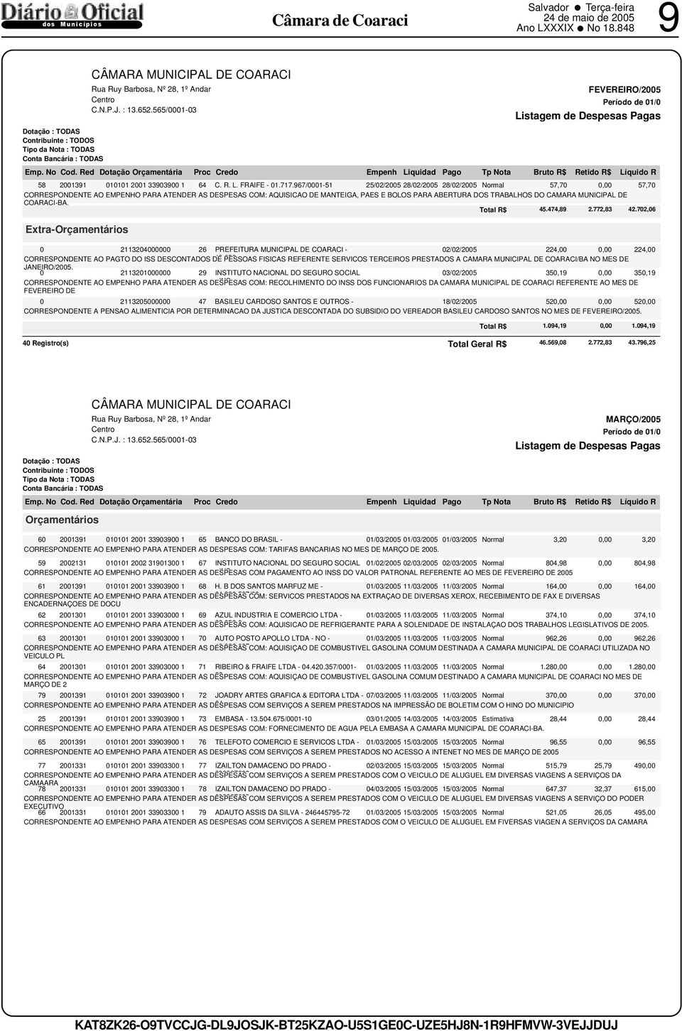 MUNICIPAL DE COARACI-BA. 45.474,89 2.772,83 42.