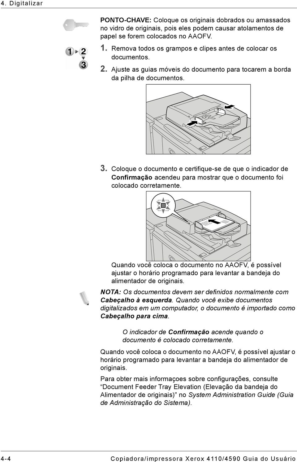 Coloque o documento e certifique-se de que o indicador de Confirmação acendeu para mostrar que o documento foi colocado corretamente.