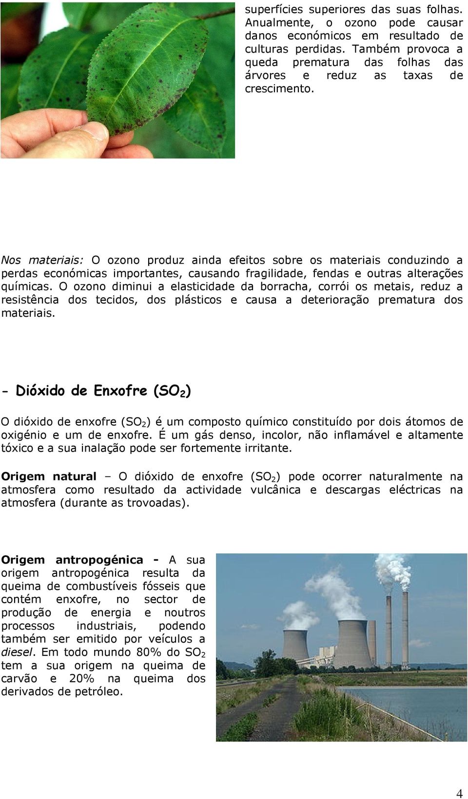 Nos materiais: O ozono produz ainda efeitos sobre os materiais conduzindo a perdas económicas importantes, causando fragilidade, fendas e outras alterações químicas.