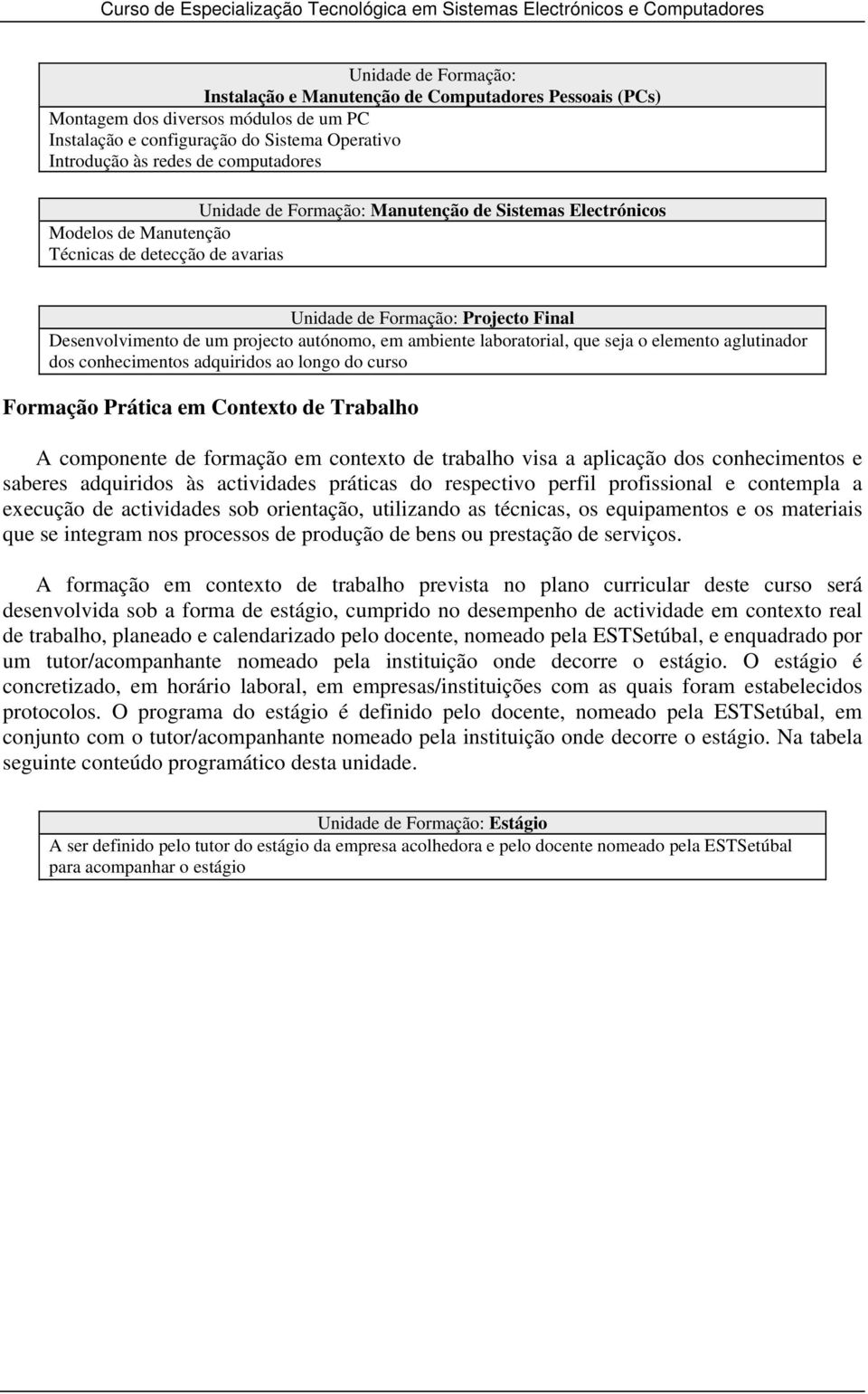 laboratorial, que seja o elemento aglutinador dos conhecimentos adquiridos ao longo do curso Formação Prática em Contexto de Trabalho A componente de formação em contexto de trabalho visa a aplicação