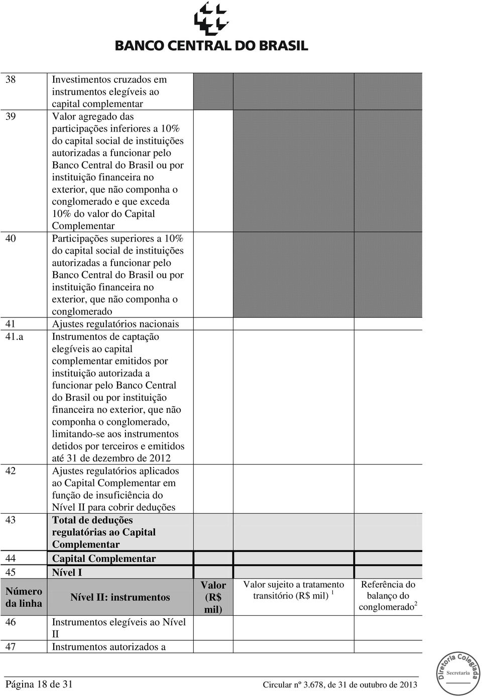 instituições autorizadas a funcionar pelo Banco Central do Brasil ou por instituição financeira no exterior, que não componha o conglomerado 41 Ajustes regulatórios nacionais 41.