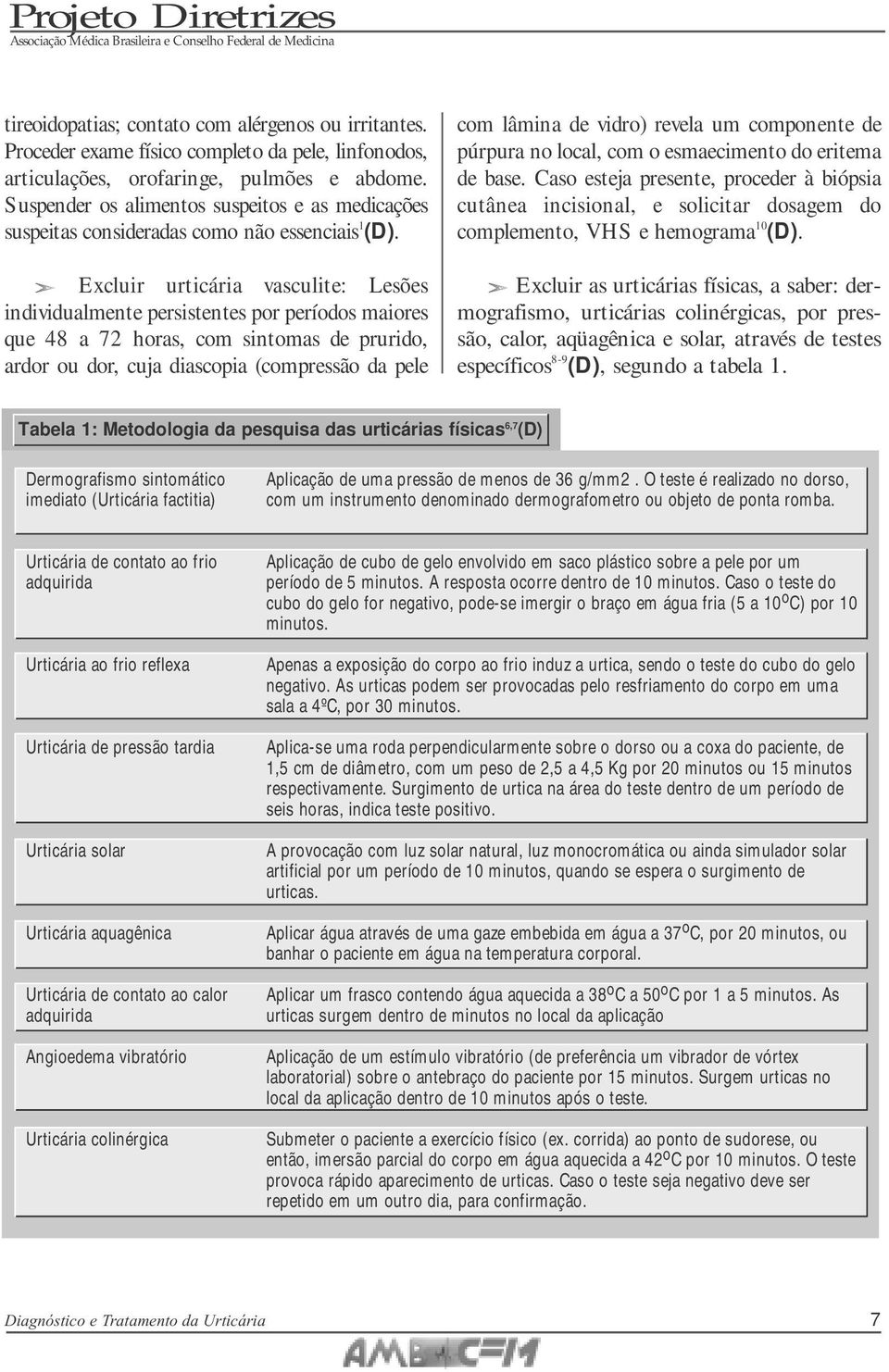 Excluir urticária vasculite: Lesões individualmente persistentes por períodos maiores que 48 a 72 horas, com sintomas de prurido, ardor ou dor, cuja diascopia (compressão da pele com lâmina de vidro)