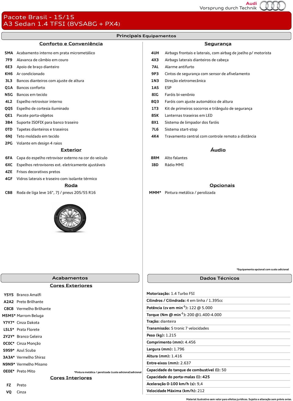 Y5Y5 Branco Amalfi Motorização: 1.4 Turbo FSI A2A2 Preto Brilhante Cilindros / Cilindrada: 4 em linha / 1.395cc C8C8 Vermelho Brilhante Potência (cv em min -1 ): 122 @ 5.