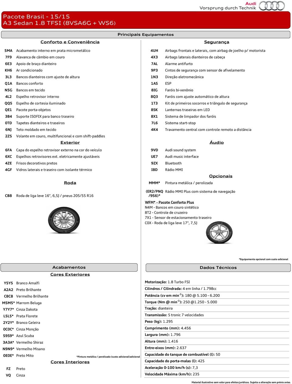 de liga leve 16", 6,5J / pneus 205/55 R16 (ER2/PNQ /9S6)* Rádio MMI Plus com sistema de navegação WFM* - Pacote Conforto Plus N4M - Bancos em couro sintético 8T2 - Controle de cruzeiro 7X1 - Sensor