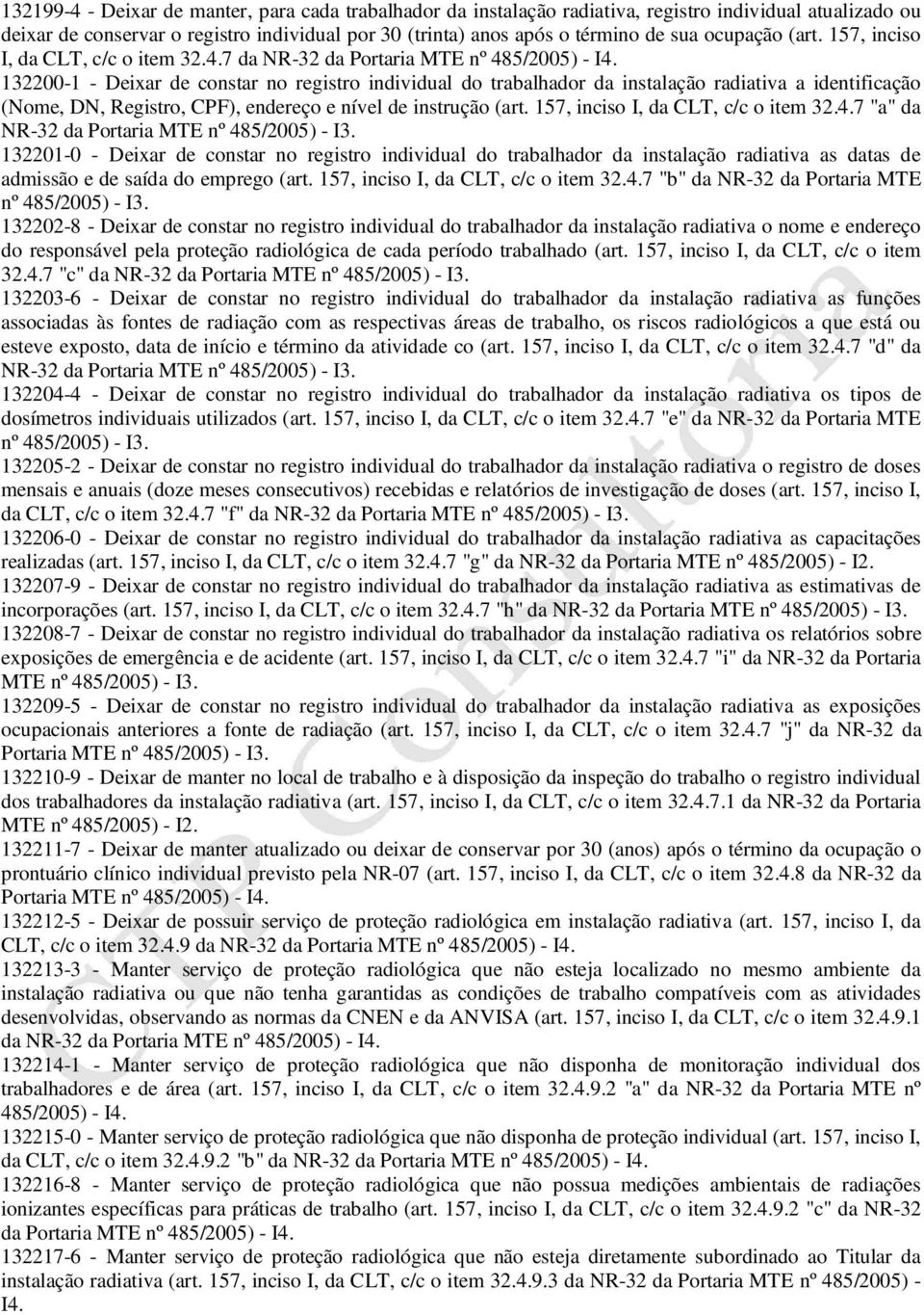 7 da NR-32 da Portaria MTE nº 132200-1 - Deixar de constar no registro individual do trabalhador da instalação radiativa a identificação (Nome, DN, Registro, CPF), endereço e nível de instrução (art.