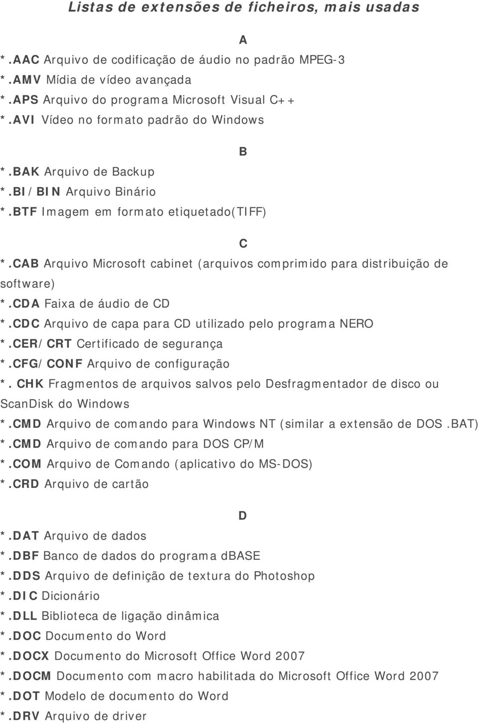 CAB Arquivo Microsoft cabinet (arquivos comprimido para distribuição de software) *.CDA Faixa de áudio de CD *.CDC Arquivo de capa para CD utilizado pelo programa NERO *.