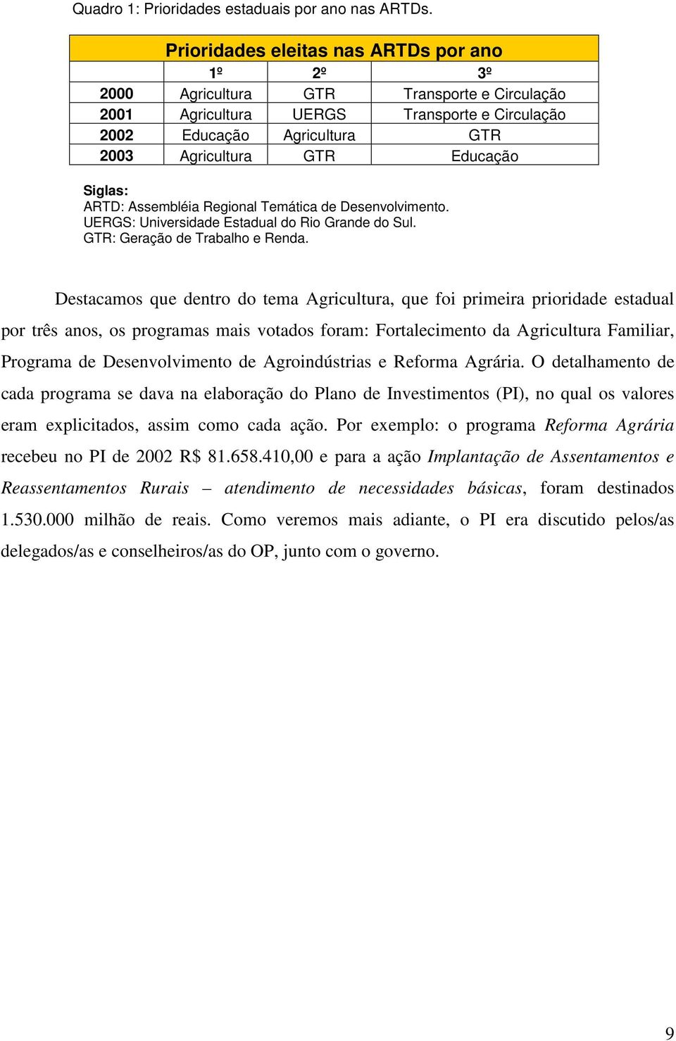 Siglas: ARTD: Assembléia Regional Temática de Desenvolvimento. UERGS: Universidade Estadual do Rio Grande do Sul. GTR: Geração de Trabalho e Renda.