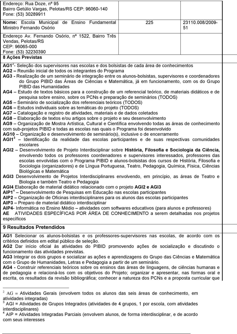 008/2009-51 AG1 2 - Seleção dos supervisores nas escolas e dos bolsistas de cada área de conhecimentos AG2 Reunião inicial de todos os integrantes do Programa AG3 - Realização de um seminário de