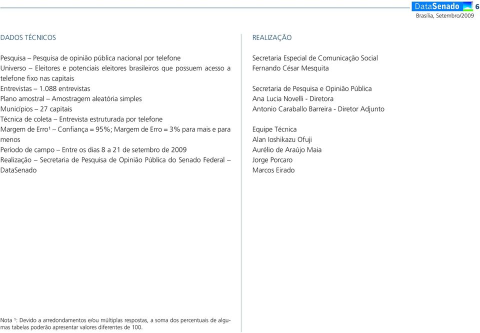 088 entrevistas Plano amostral Amostragem aleatória simples Municípios 27 capitais Técnica de coleta Entrevista estruturada por telefone Margem de Erro¹ Confiança = 95%; Margem de Erro = 3% para mais