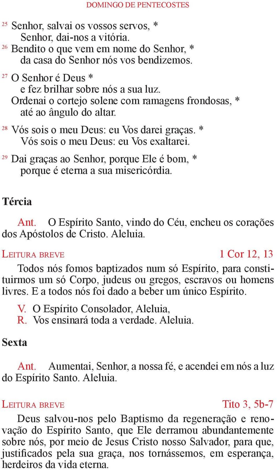 * Vós sois o meu Deus: eu Vos exaltarei. 29 Dai graças ao Senhor, porque Ele é bom, * porque é eterna a sua misericórdia. Tércia Ant.