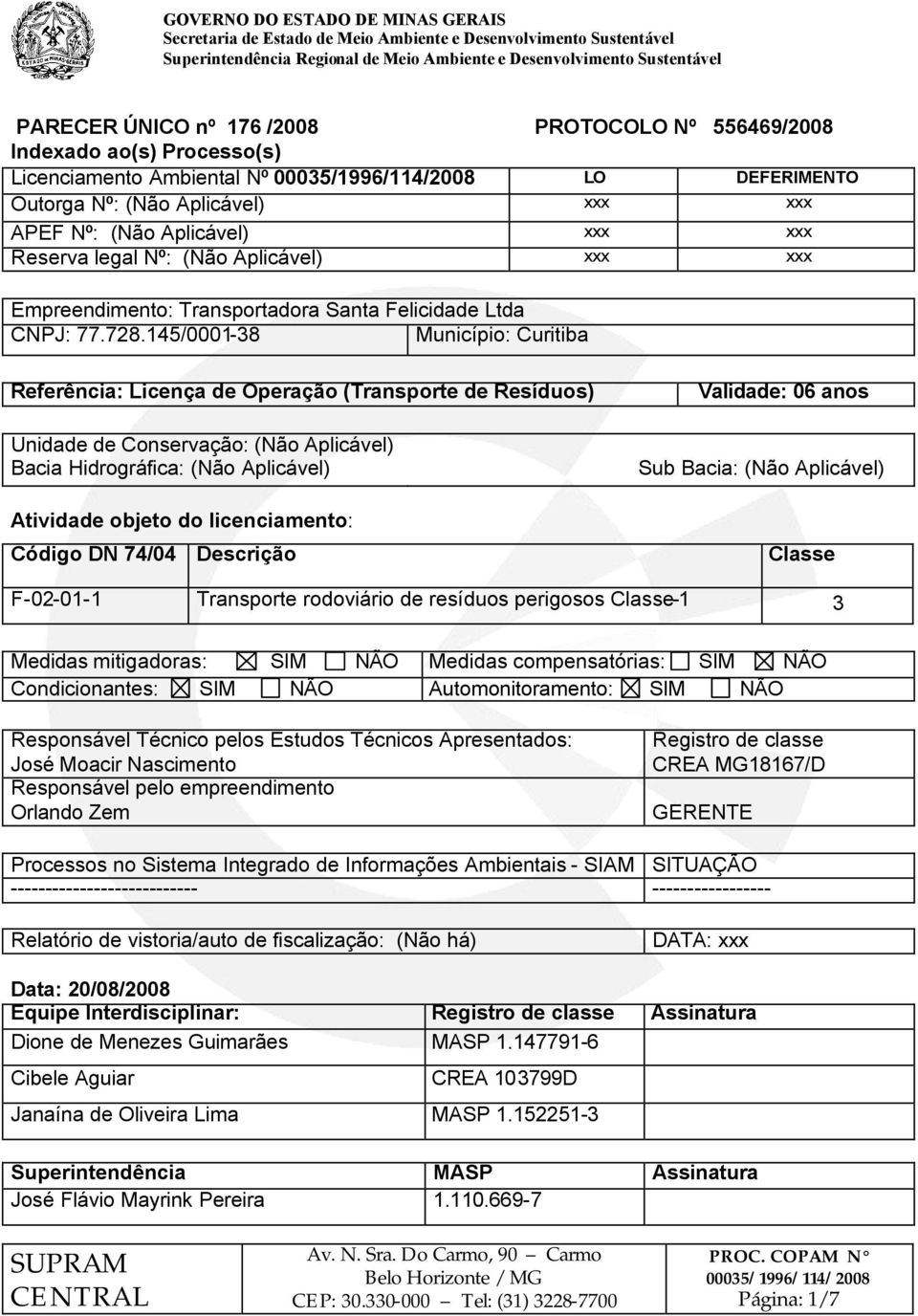 145/0001-38 Município: Curitiba Referência: Licença de Operação (Transporte de Resíduos) Unidade de Conservação: (Não Aplicável) Bacia Hidrográfica: (Não Aplicável) Atividade objeto do licenciamento: