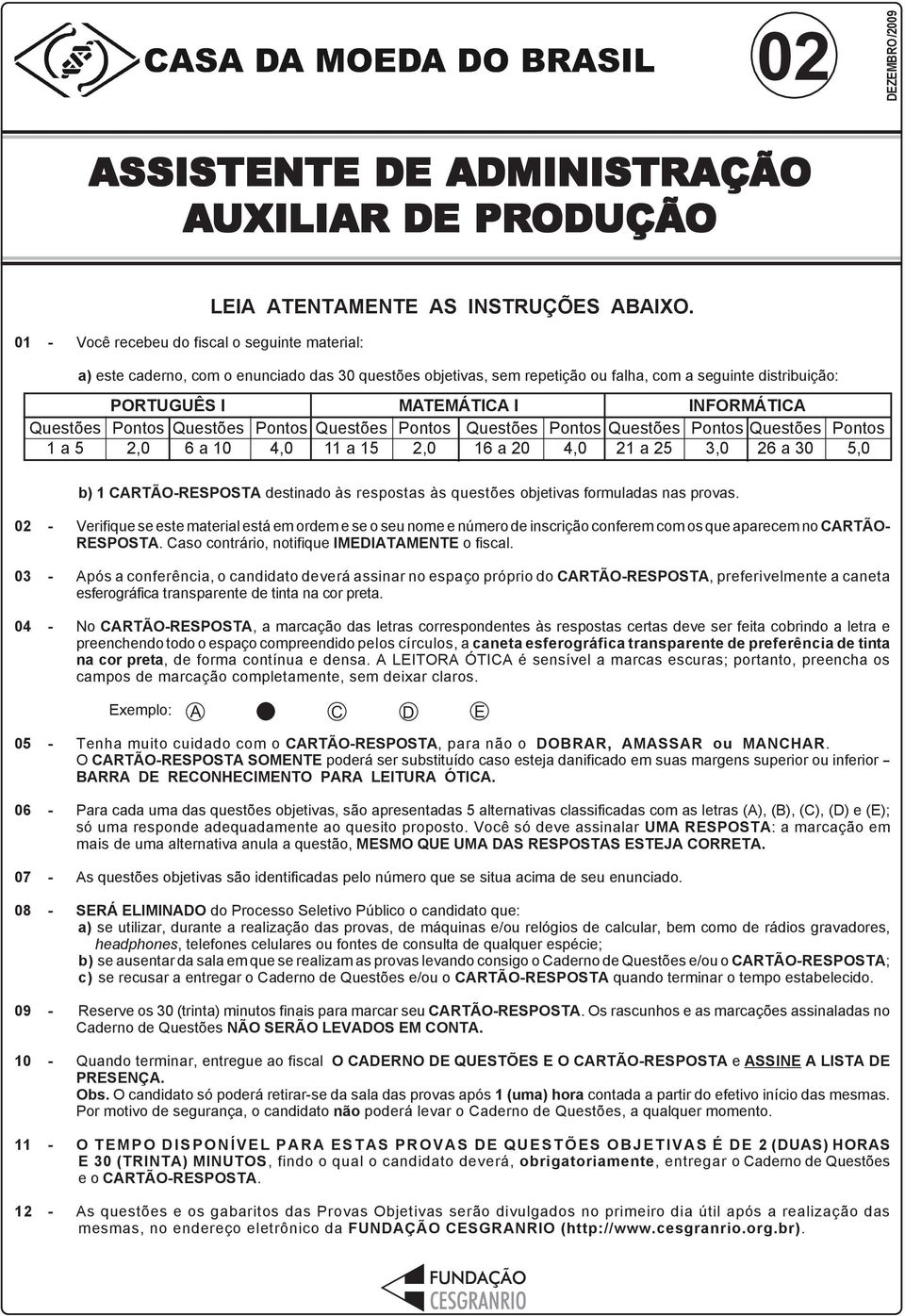 MATEMÁTICA I Pontos Questões 2,0 16 a 20 Pontos 4,0 Questões 21 a 25 INFORMÁTICA Pontos Questões 3,0 26 a 30 Pontos 5,0 b) 1 CARTÃO-RESPOSTA destinado às respostas às questões objetivas formuladas