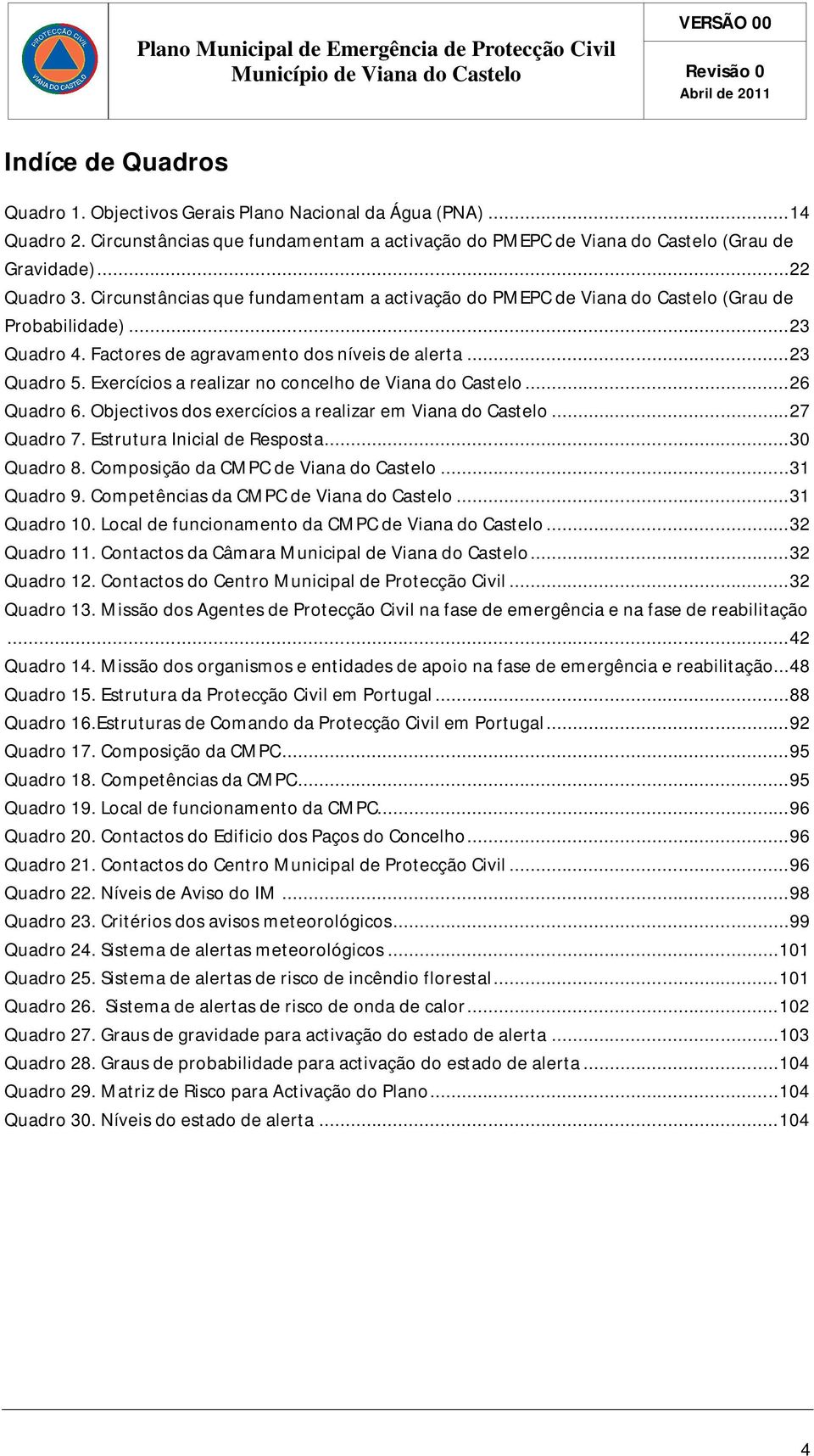 Exercícios a realizar no concelho de Viana do Castelo... 26 Quadro 6. Objectivos dos exercícios a realizar em Viana do Castelo... 27 Quadro 7. Estrutura Inicial de Resposta... 30 Quadro 8.