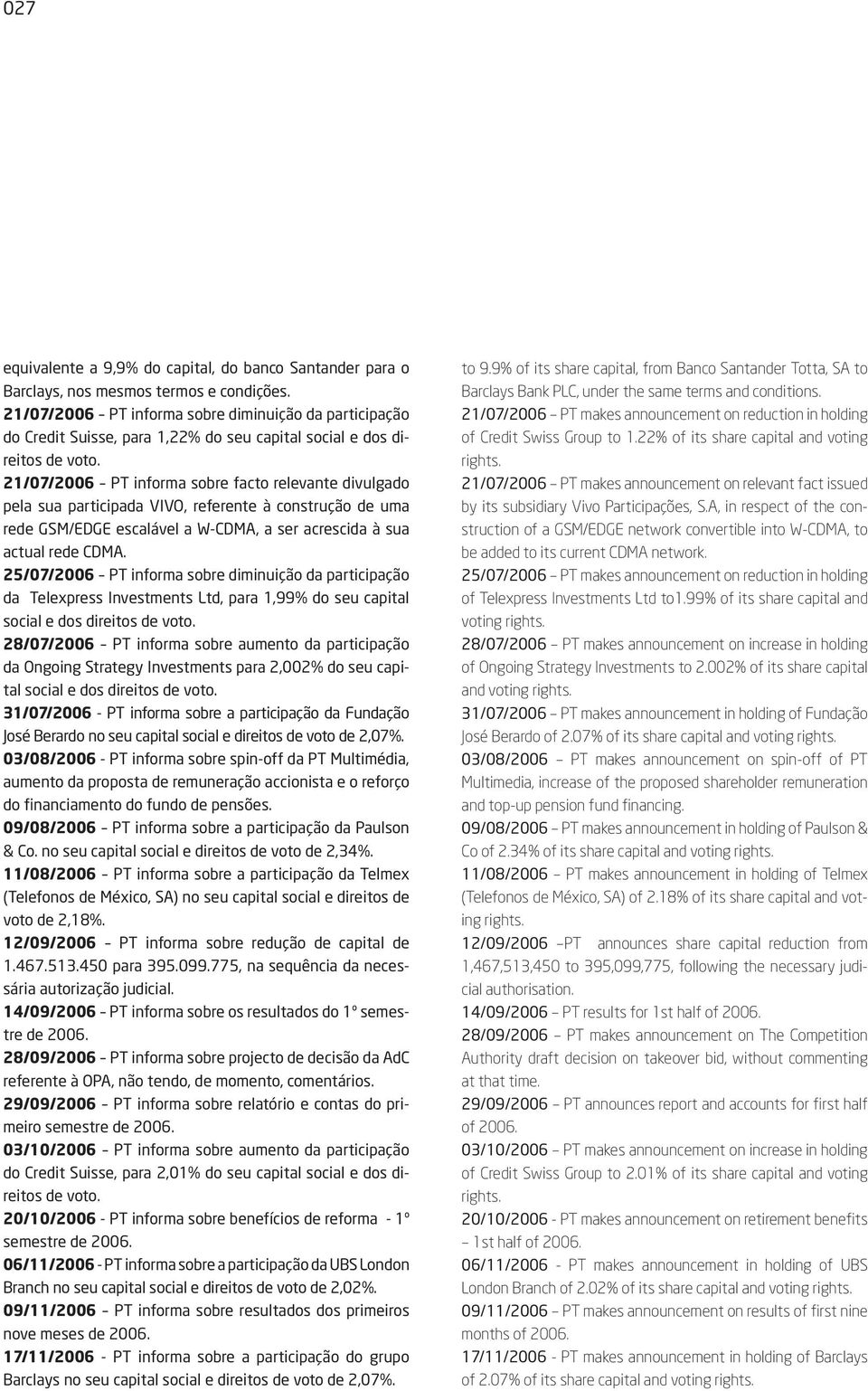 21/07/2006 PT informa sobre facto relevante divulgado pela sua participada VIVO, referente à construção de uma rede GSM/EDGE escalável a W-CDMA, a ser acrescida à sua actual rede CDMA.