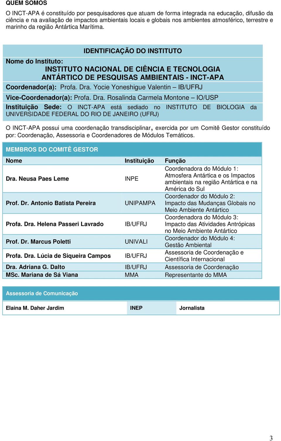 IDENTIFICAÇÃO DO INSTITUTO Nome do Instituto: INSTITUTO NACIONAL DE CIÊNCIA E TECNOLOGIA ANTÁRTICO DE PESQUISAS AMBIENTAIS - INCT-APA Coordenador(a): Profa. Dra.