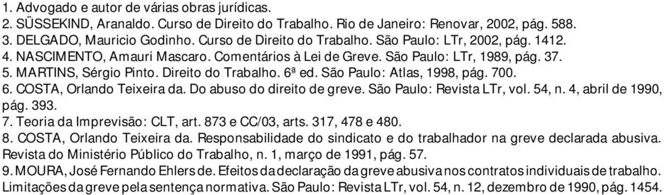 São Paulo: Atlas, 1998, pág. 700. 6. COSTA, Orlando Teixeira da. Do abuso do direito de greve. São Paulo: Revista LTr, vol. 54, n. 4, abril de 1990, pág. 393. 7. Teoria da Imprevisão: CLT, art.
