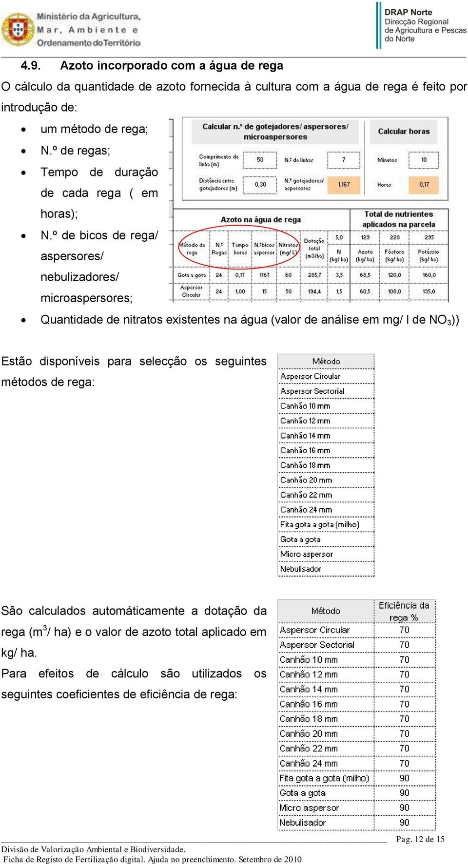 º de bicos de rega/ aspersores/ nebulizadores/ microaspersores; Quantidade de nitratos existentes na água (valor de análise em mg/ l de NO 3 )) Estão