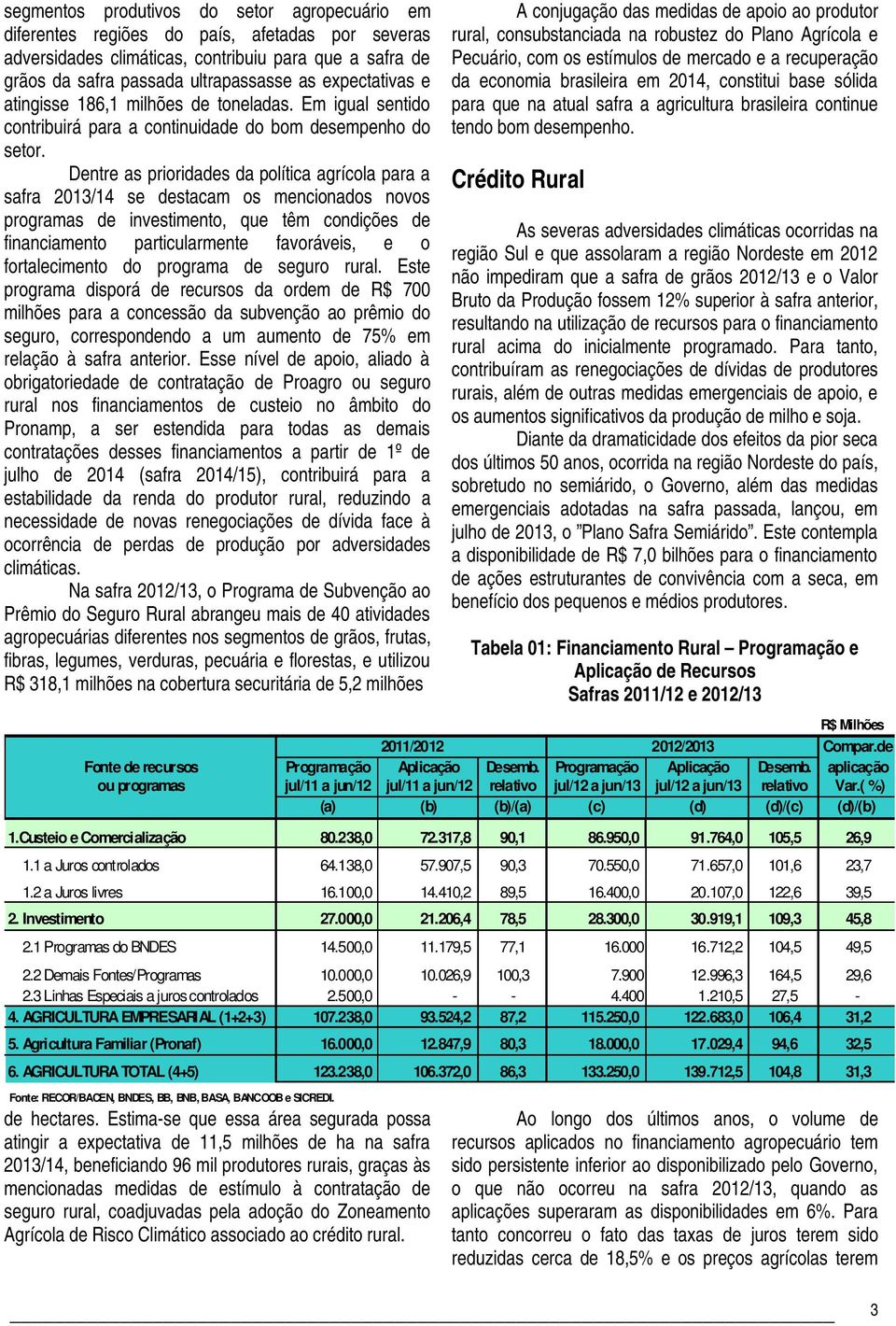 Dentre as prioridades da política agrícola para a safra 2013/14 se destacam os mencionados novos programas de investimento, que têm condições de financiamento particularmente favoráveis, e o