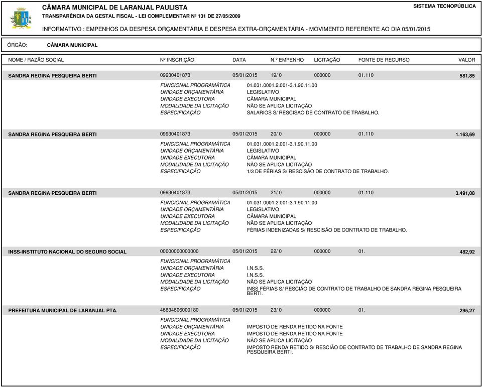 SANDRA REGINA PESQUEIRA BERTI 09930401873 05/01/2015 21/ 0 000000 3.491,08 FÉRIAS INDENIZADAS S/ RESCISÃO DE CONTRATO DE TRABALHO.